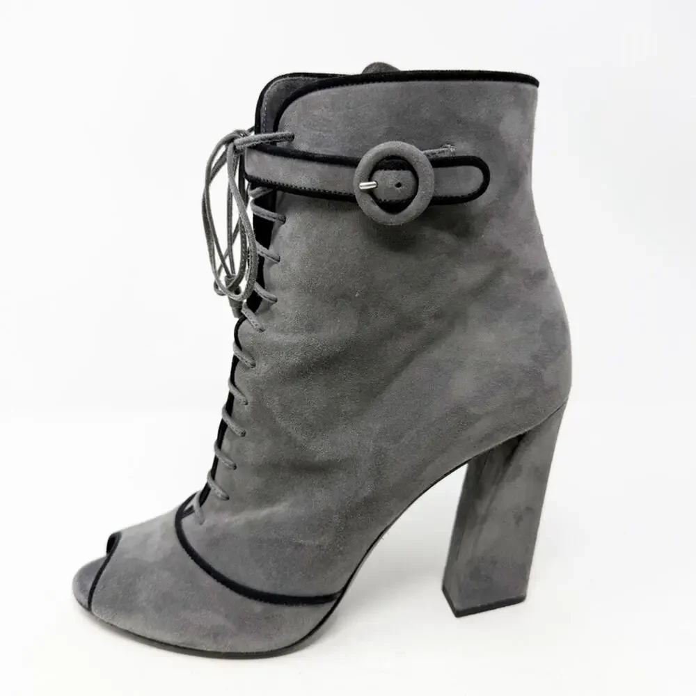 Prada Suede Peep Toe Lace Up Block Heel Boots Womens Size EU 40
